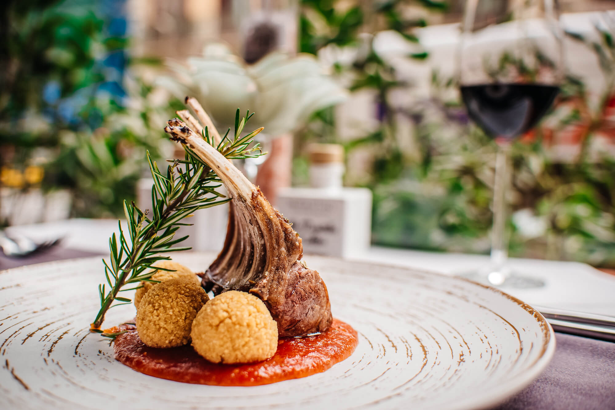 Costillar de cordero emplatado con croquetas, hierbas y salsa.