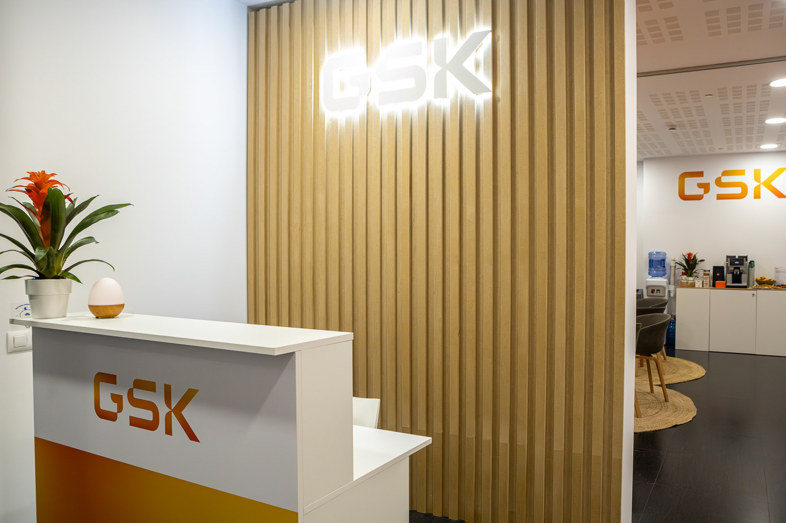 Mostrador de recepción de GSK con logotipo iluminado y revestimiento de madera.