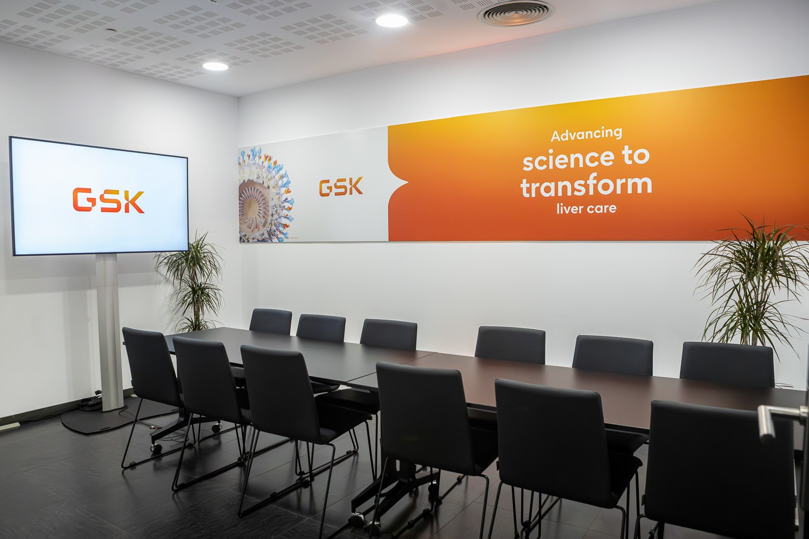 Espacio de presentación de GSK con filas de sillas y pantalla.